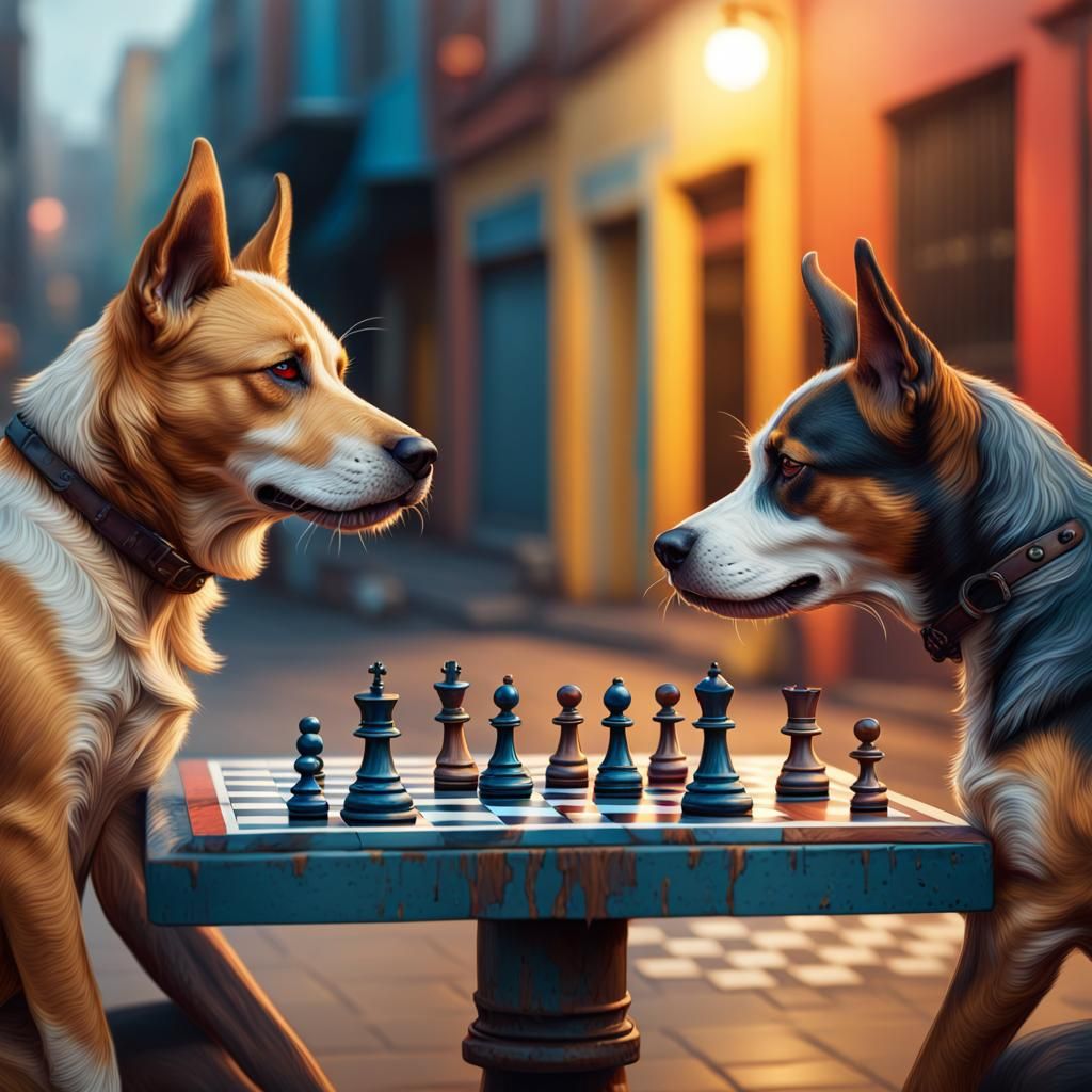 Street Dogs Playing Chess in Hyperrealistic Style