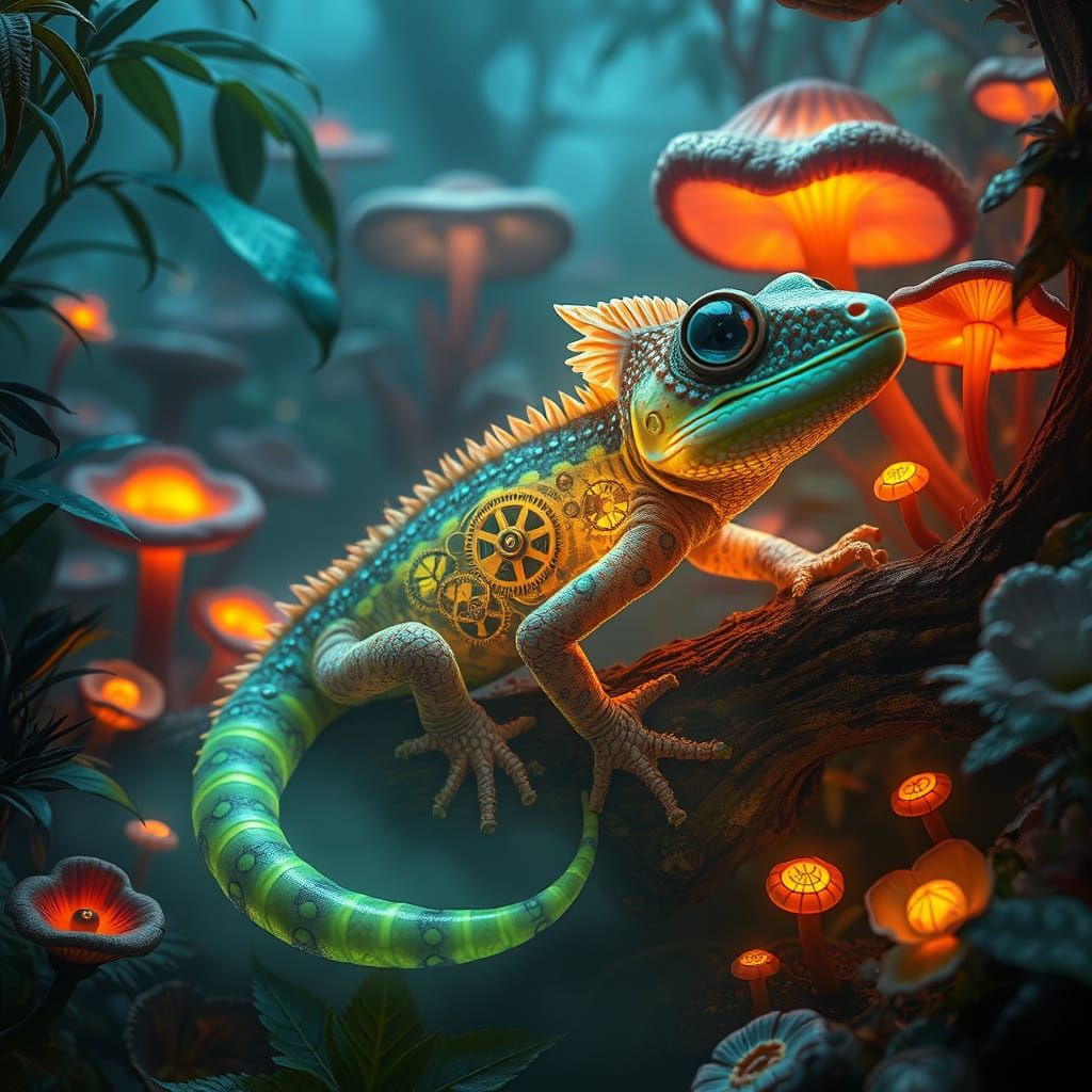 Bioluminescent Clockwork Gecko in Steampunk Terrarium