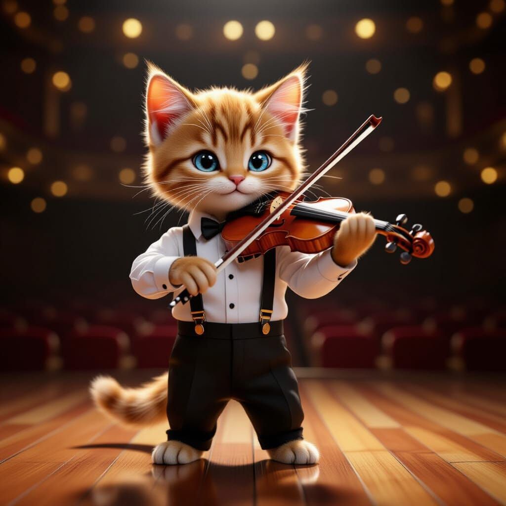 Anthropomorphic Kitten Plays Violin on Stage in Spotlight