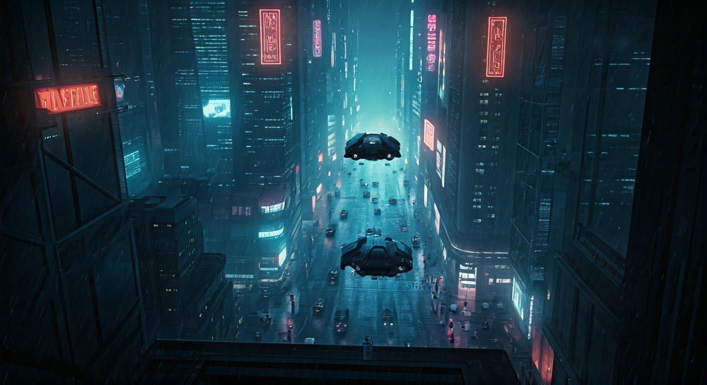 Flying Cars in a Futuristic Metropolis at Night