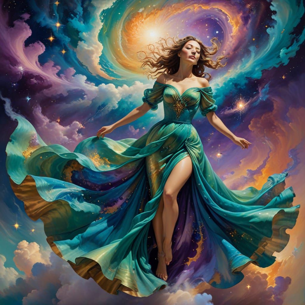 Surreal Oil Painting of a Dancing Woman Among Celestial Bodi...