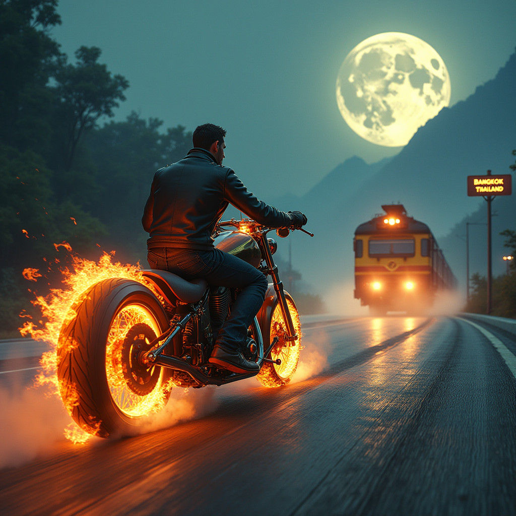Motorcycle Rider Chasing Train in Thailand, Matte Painting