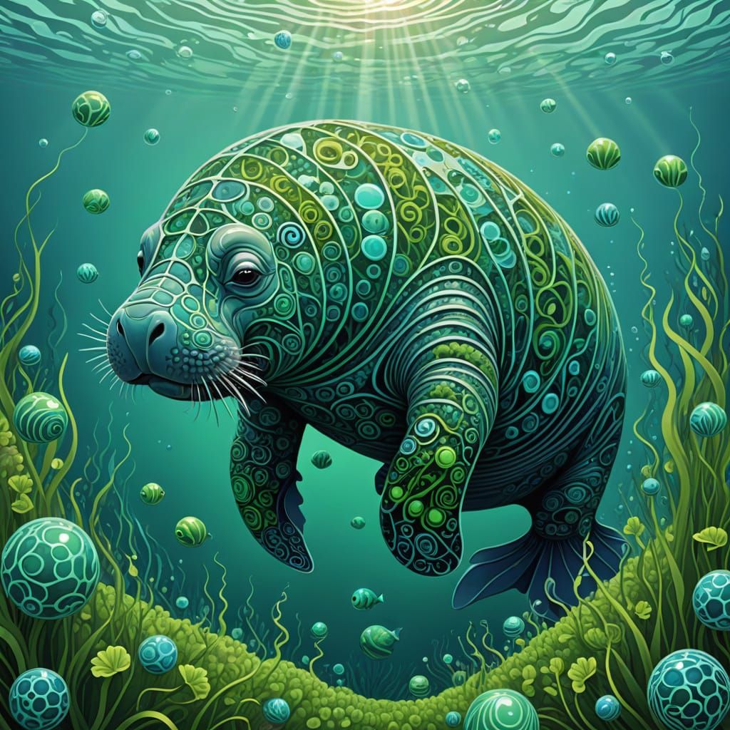Colorful Manatee in Psychedelic Fractal River