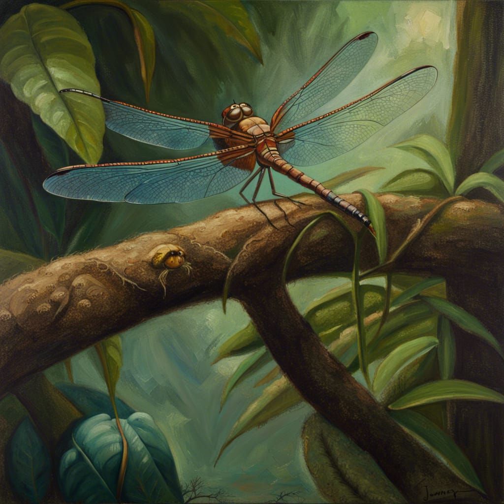 Dragonfly sitting on a sloth oil painting by James Gurney
