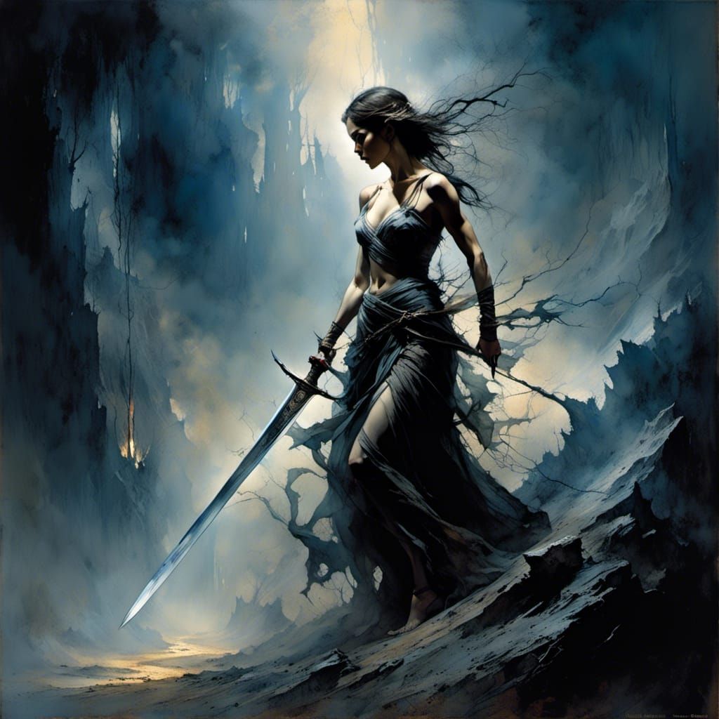 Barbarian Woman with Sword in Ethereal Fantasy Style