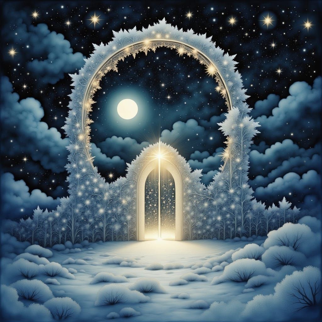 Icy Fractal Gate Under Starry Moonlight