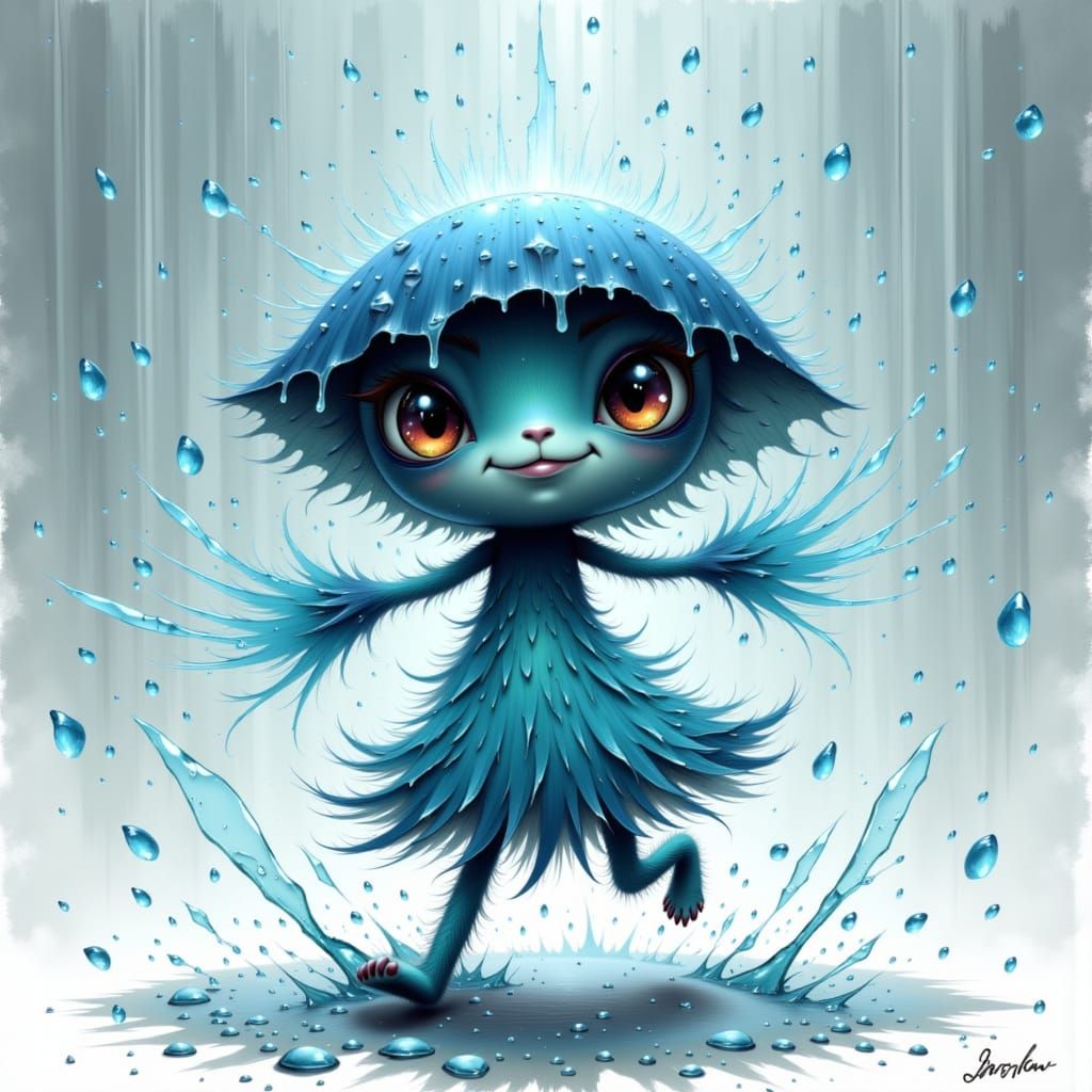 Rain Elemental Dancing in Downpour, Watercolor Style