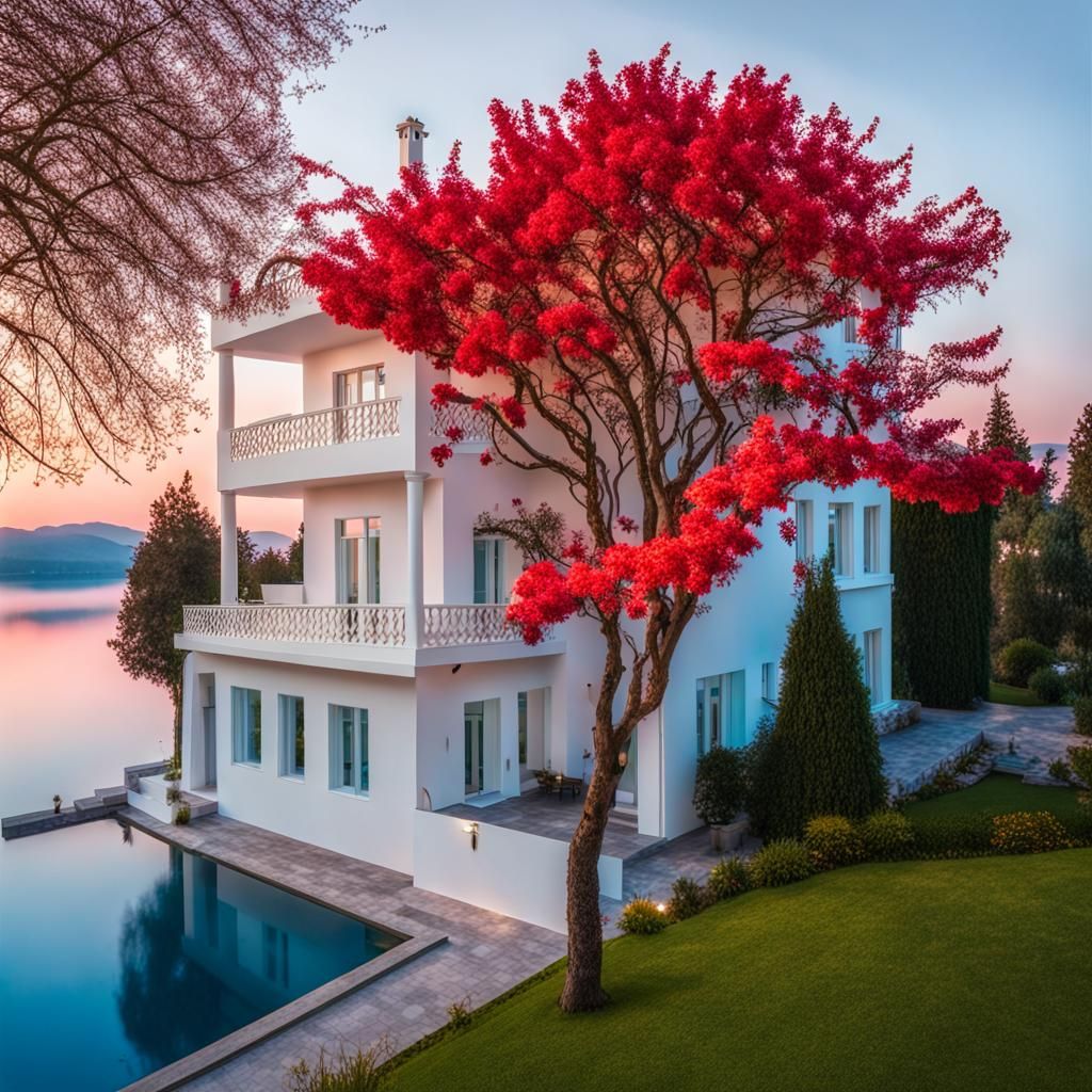 Hazy Lakeside Villa at Summer Evening