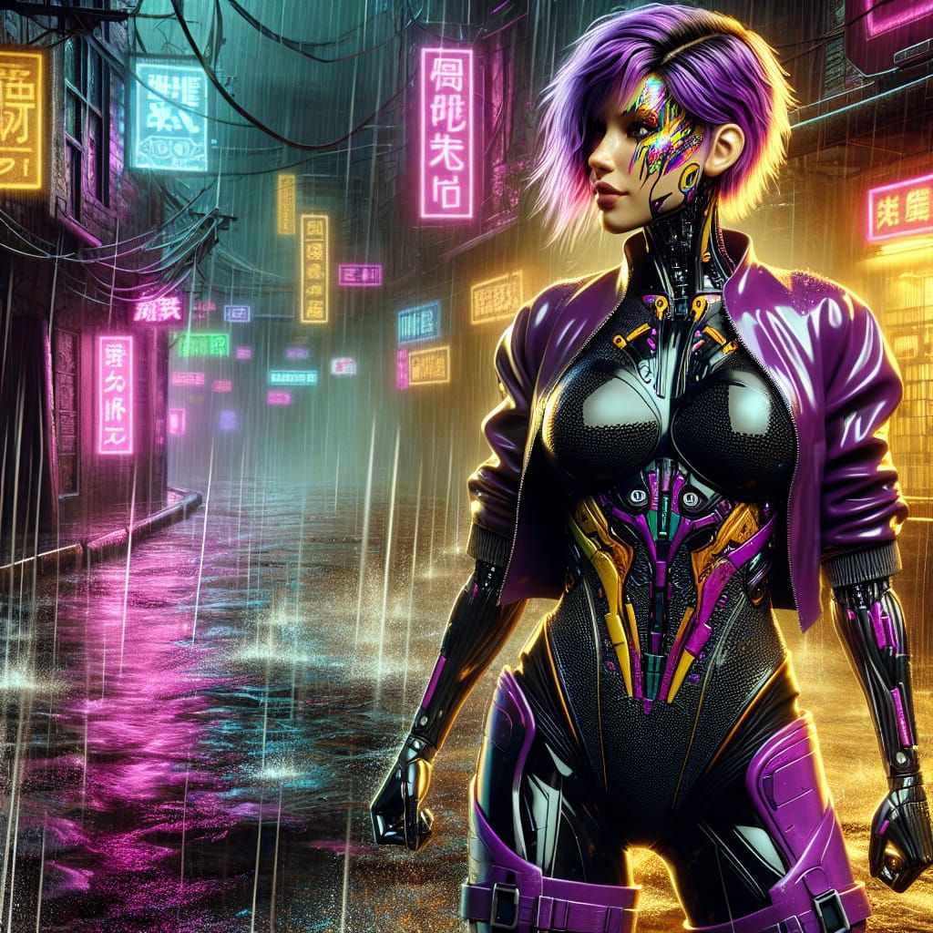 Cyborg Fighter in Rainy Cyberpunk City