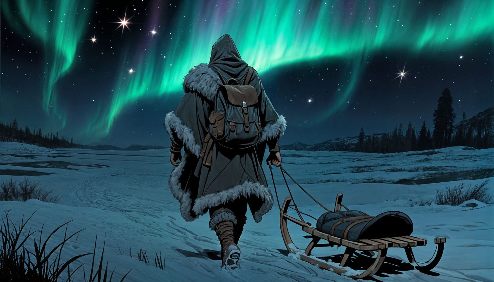 Dark Fantasy Adventurers Under Aurora Borealis