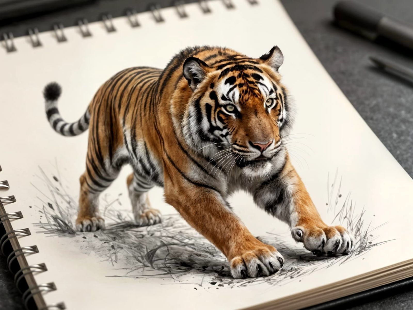 Tiger Leaping From Sketchbook in Hyper-Realistic 3D