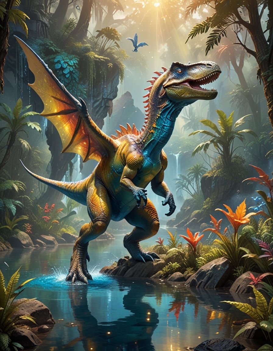 Dinosaur Grazing in Jurassic Forest: Oil Painting