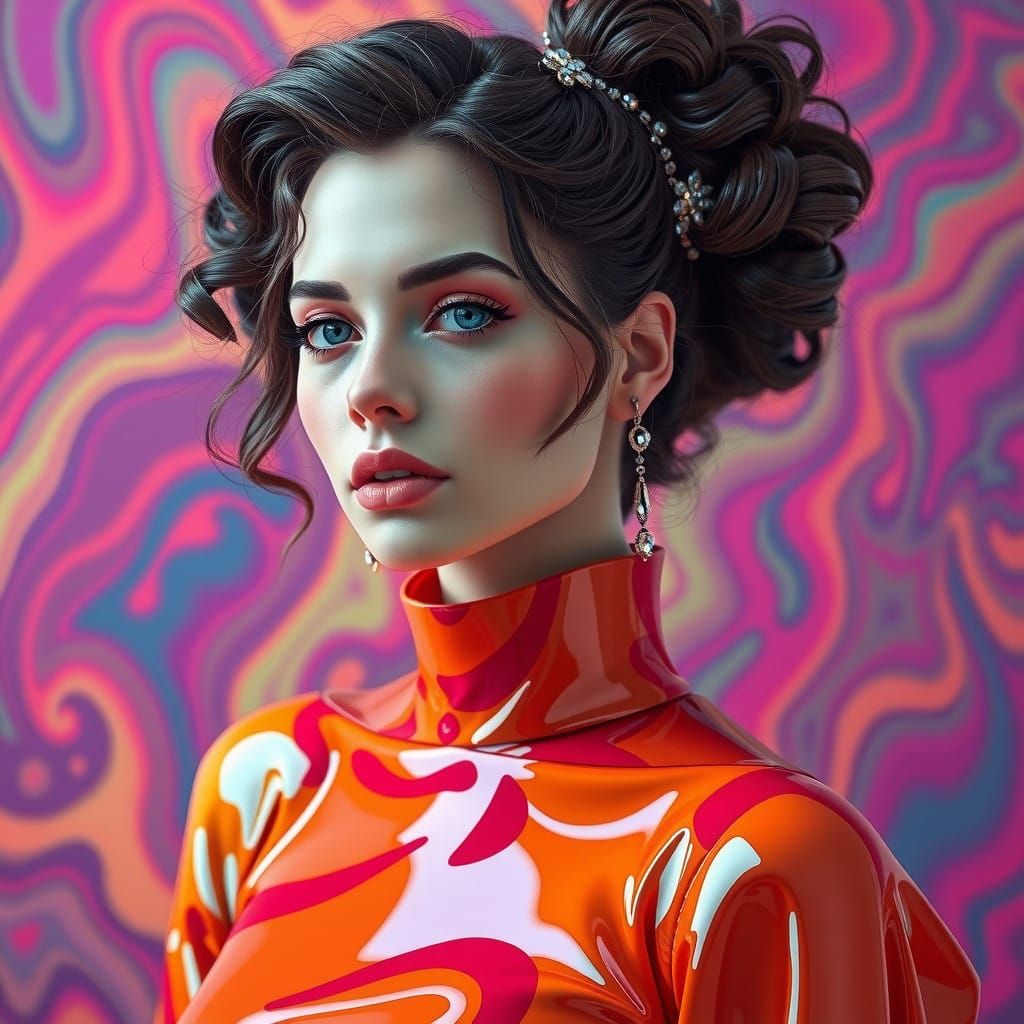 Surreal 1970s Fashion Model in Retro Futuristic Latex Dress