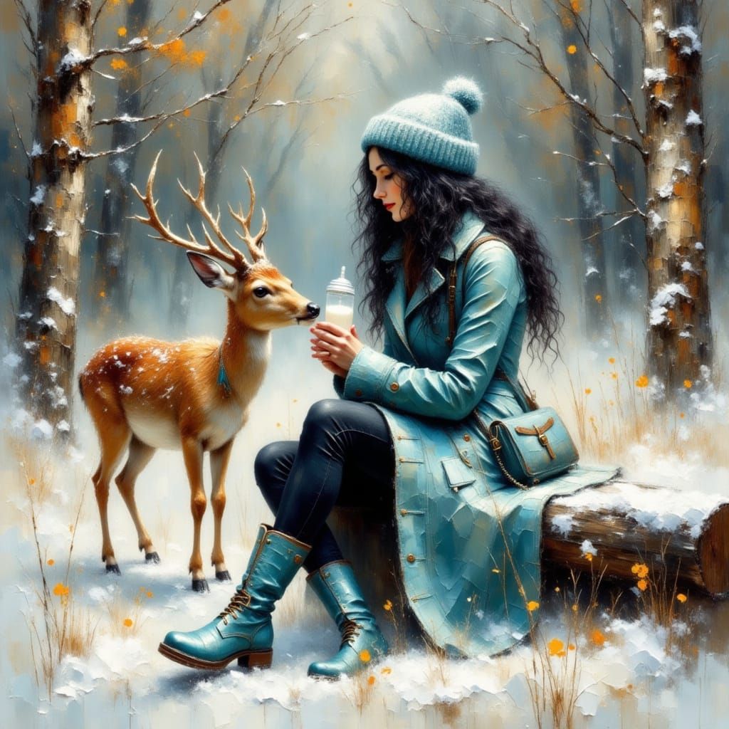 Woman Feeds Deer in Snowy Impressionist Landscape