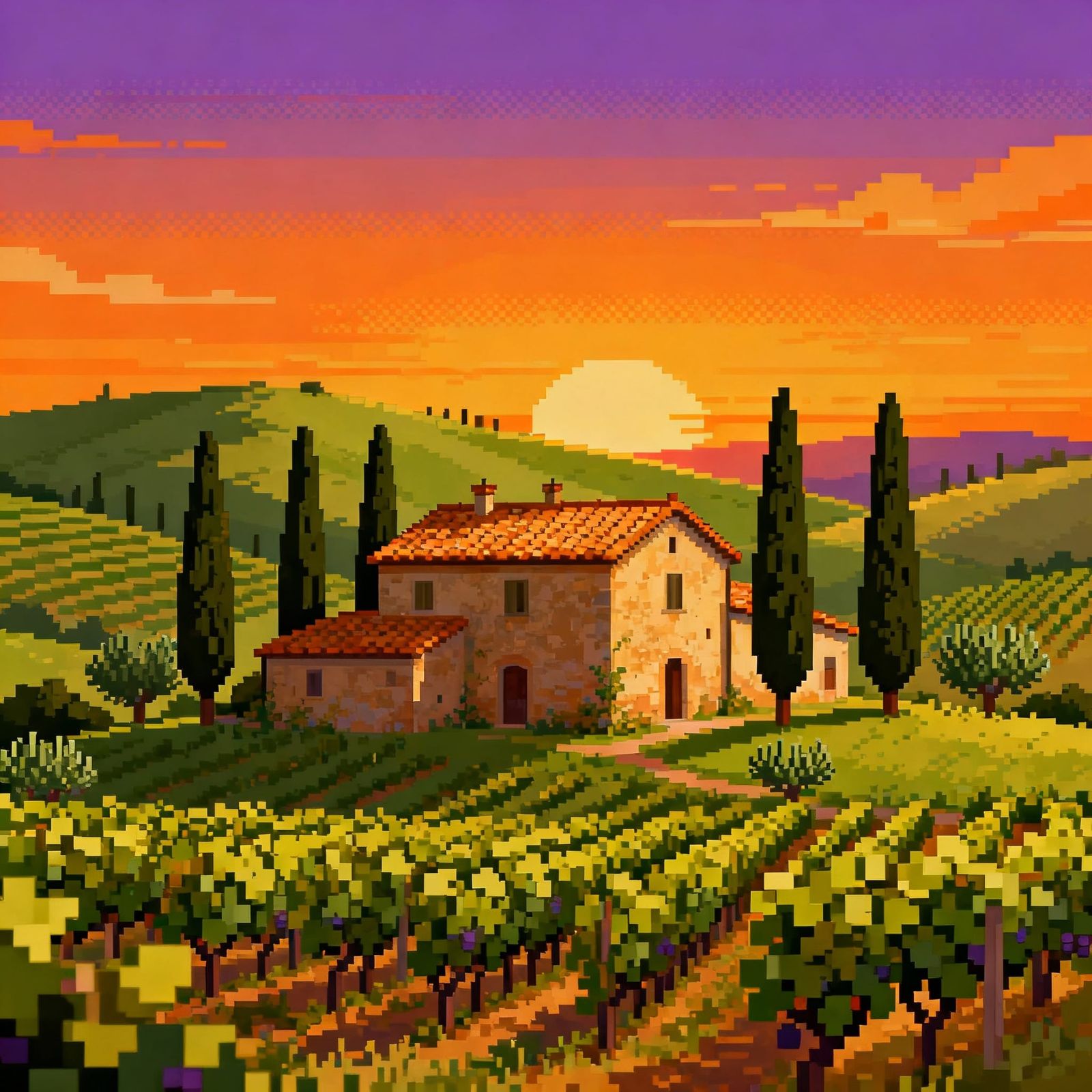 Tuscan Villa Sunset in 16-Bit Pixel Art