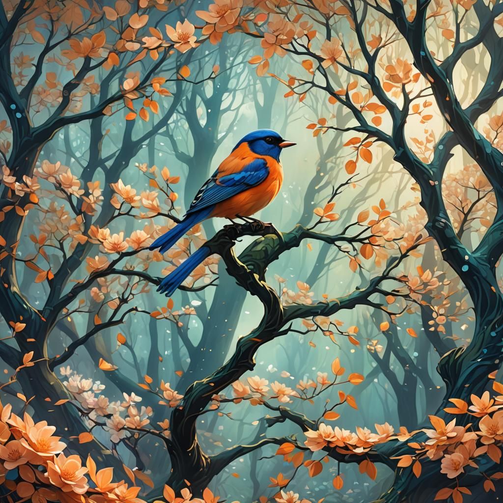 Bird on Spring Branch, Fantasy Art Style