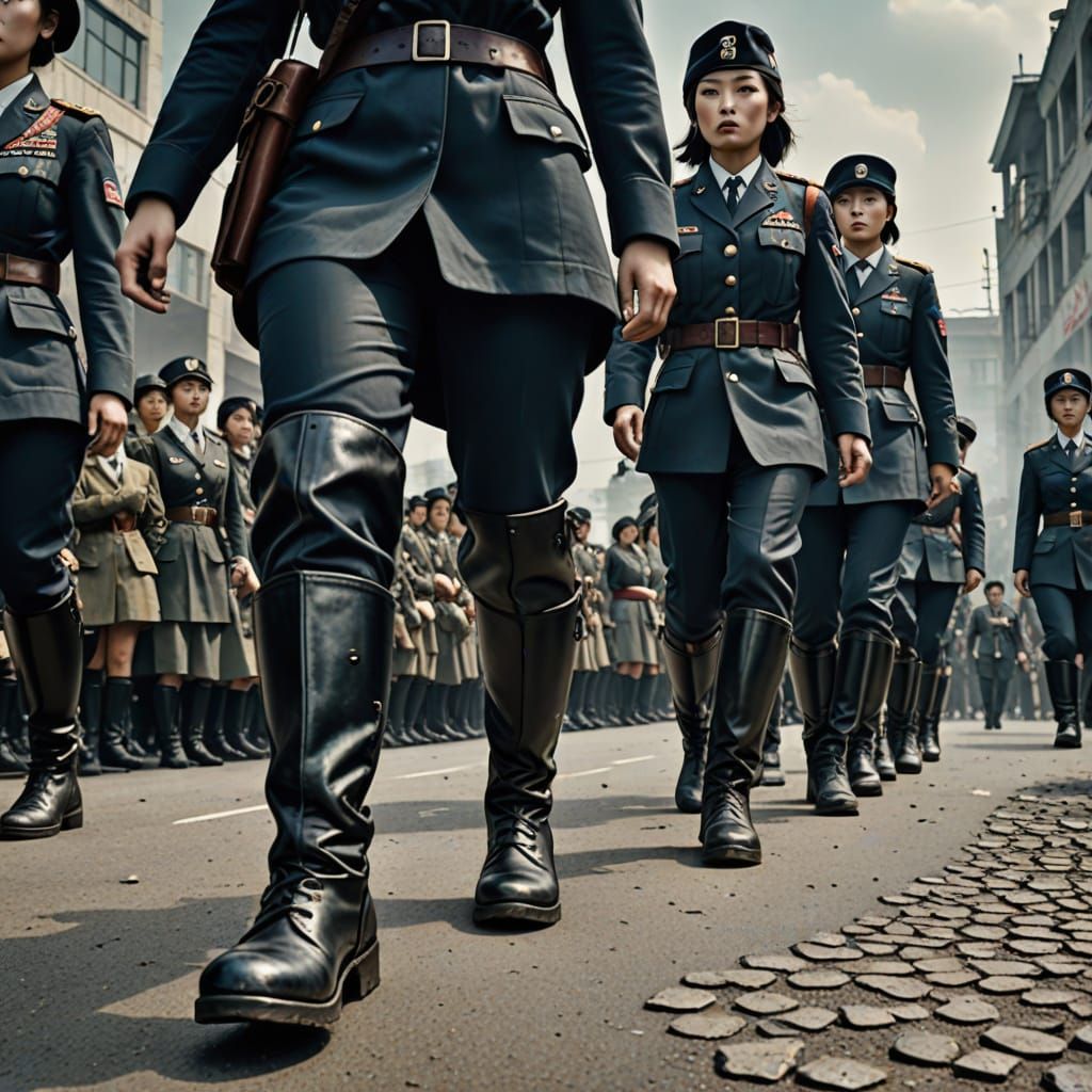 Female Soldiers in a Moody Korean Parade in Cyberpunk Style