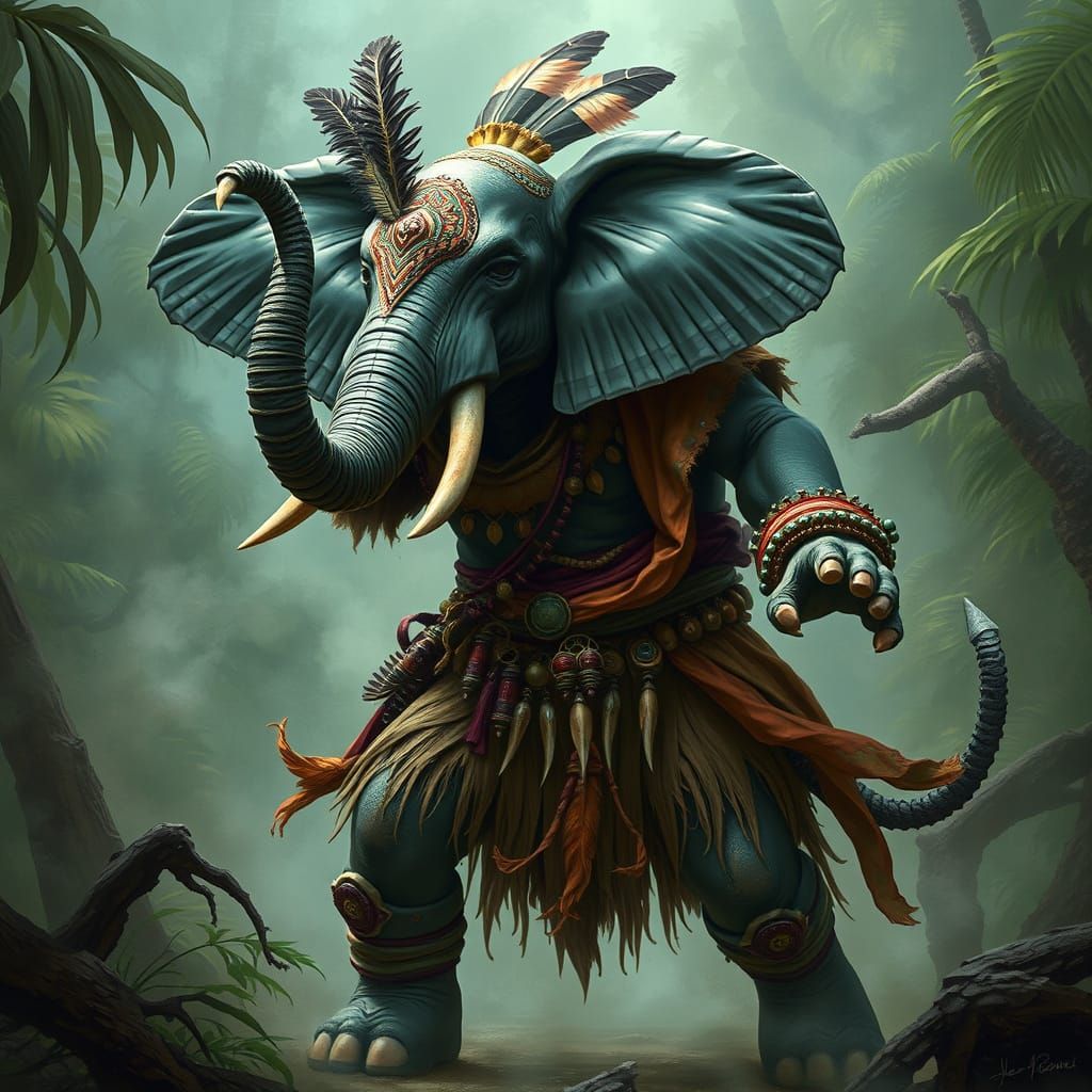 Elephant Shaman Battles Jungle Spirit: Mystical Realism