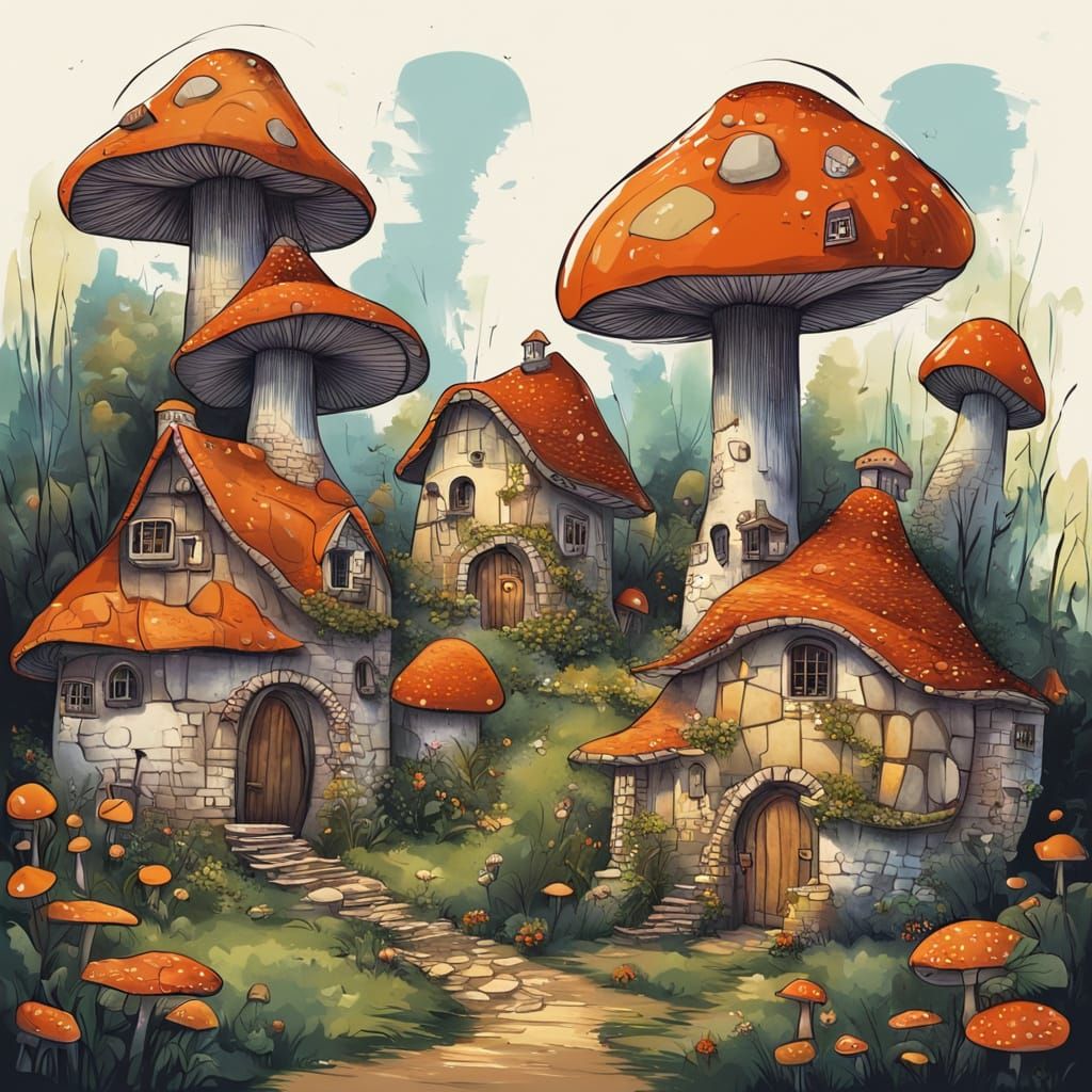 Medieval Mushroom Village in Whimsical Color