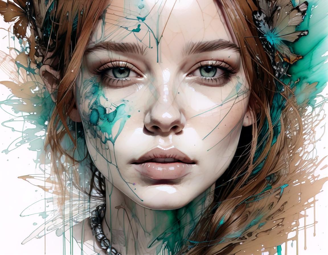 Elegant Woman Portrait in Ink and Watercolor Style