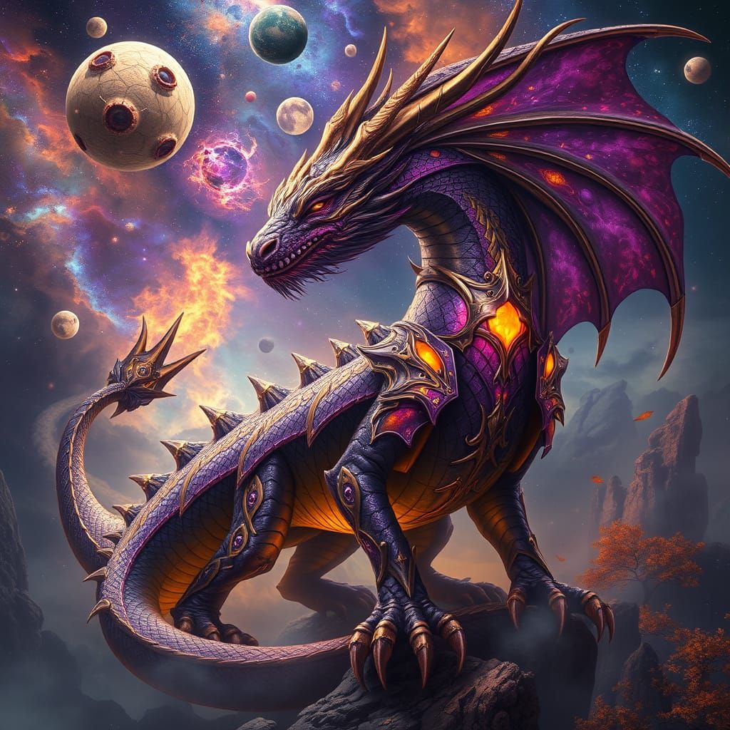 Majestic Dragon in Cosmic Autumn Realm: Dark Fantasy Art