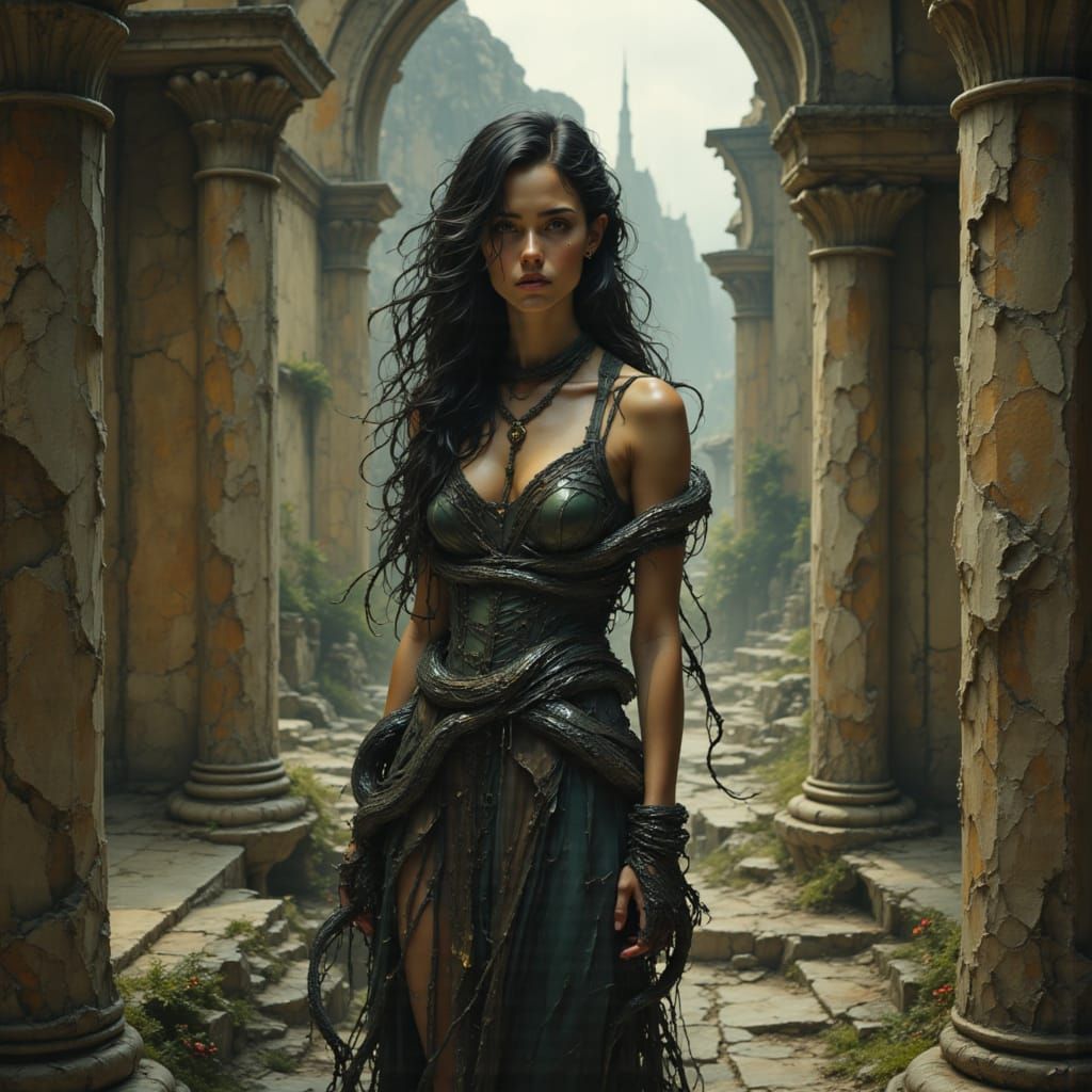 Young Medusa in Flowing Gown Amidst Roman Ruins