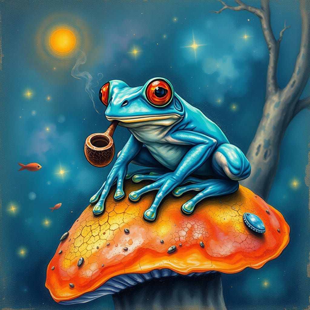 Mystical Turquoise Treefrog Smoking a Pipe, Dreamlike Scene