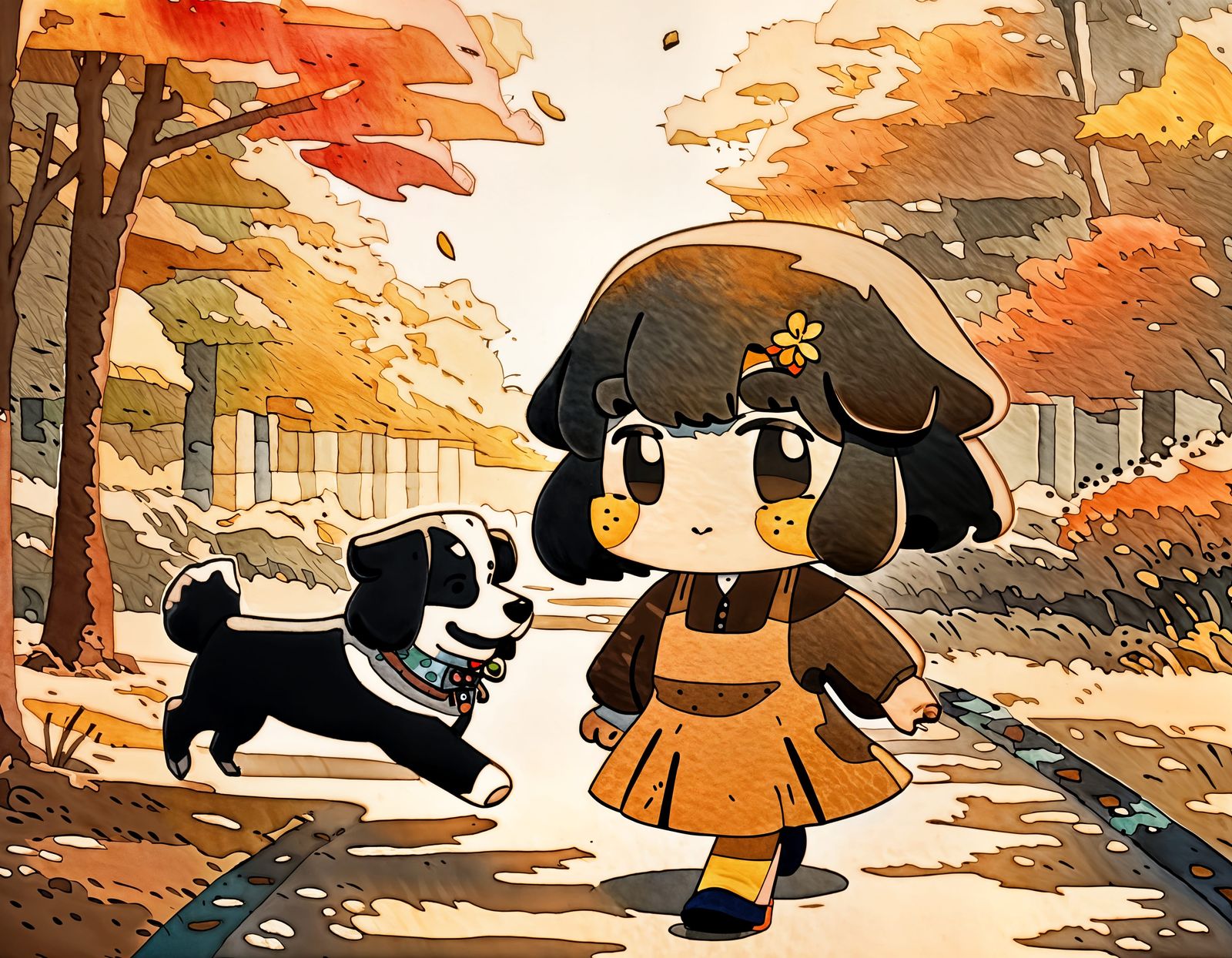 Chibi Woman Walks Dog in Autumnal Anime Style