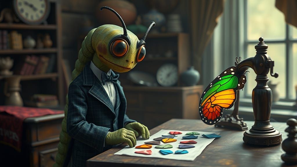 Caterpillar Tailor Selecting Wing Colors, Miyazaki Style