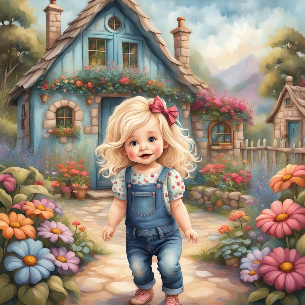 Toddler Lila in Whimsical Flower Garden, Painterly Style