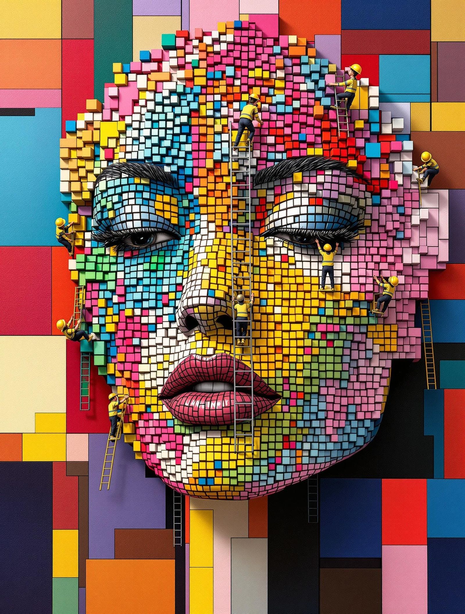 Stunning Fragmented Female Face in Vibrant Cubist Mosaic