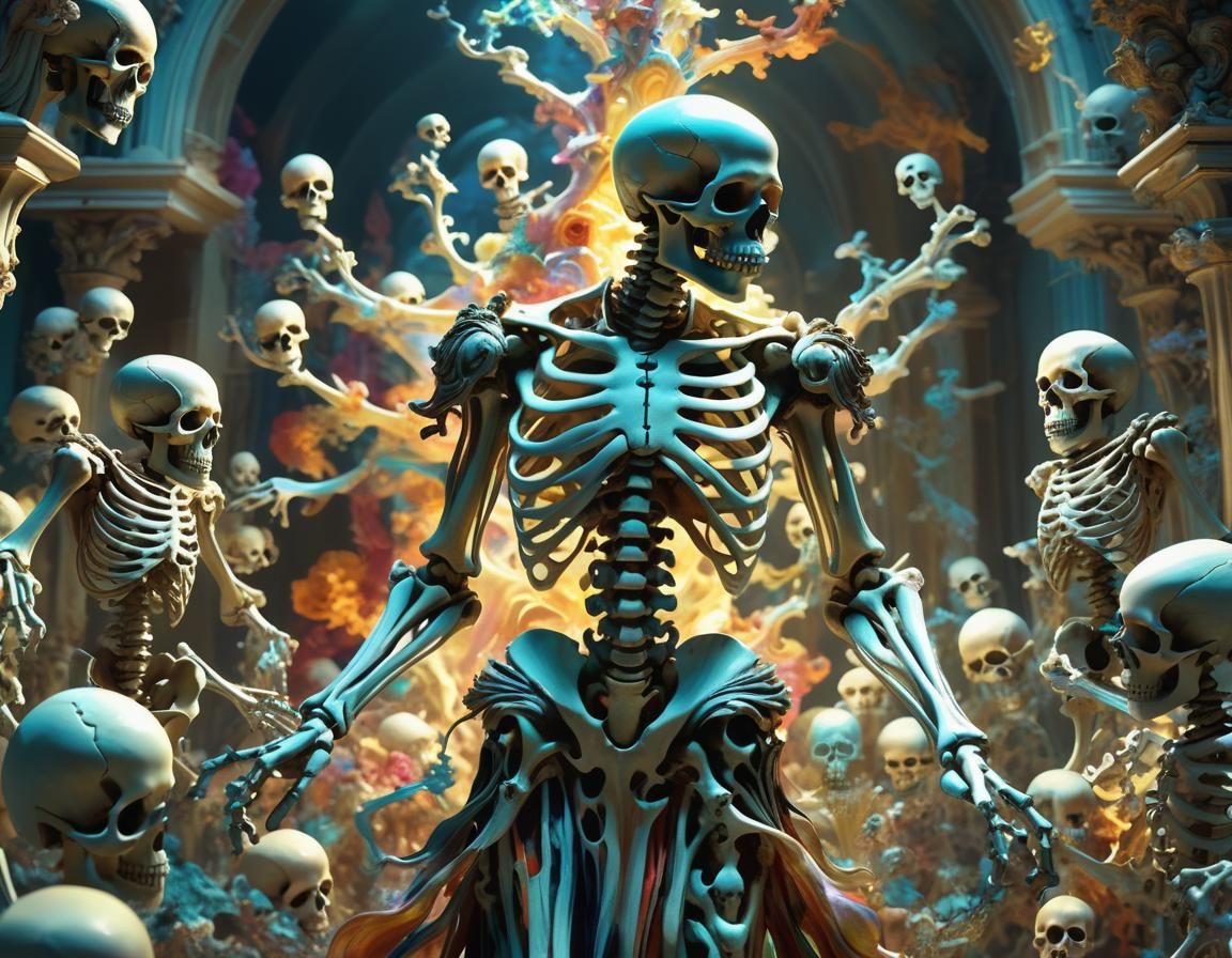 Surreal Baroque Figure Triumphs Amidst Swirling Skeletons