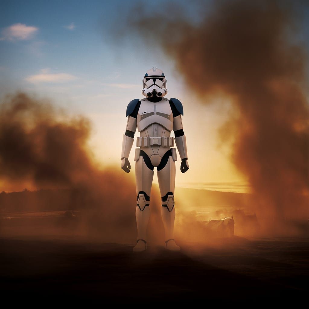 Lone Clone Trooper Stands Resolute in Golden Hour