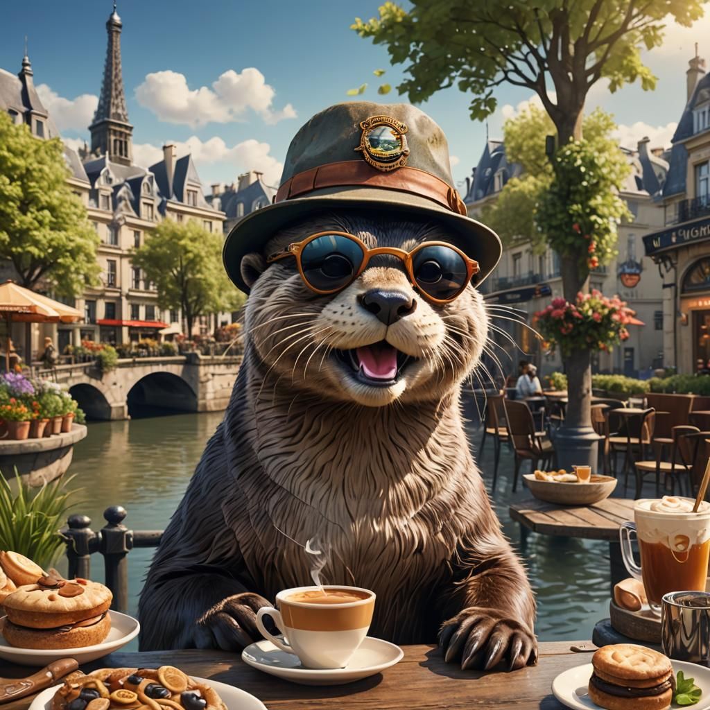 Smiling Otter in Paris: Detailed Matte Painting