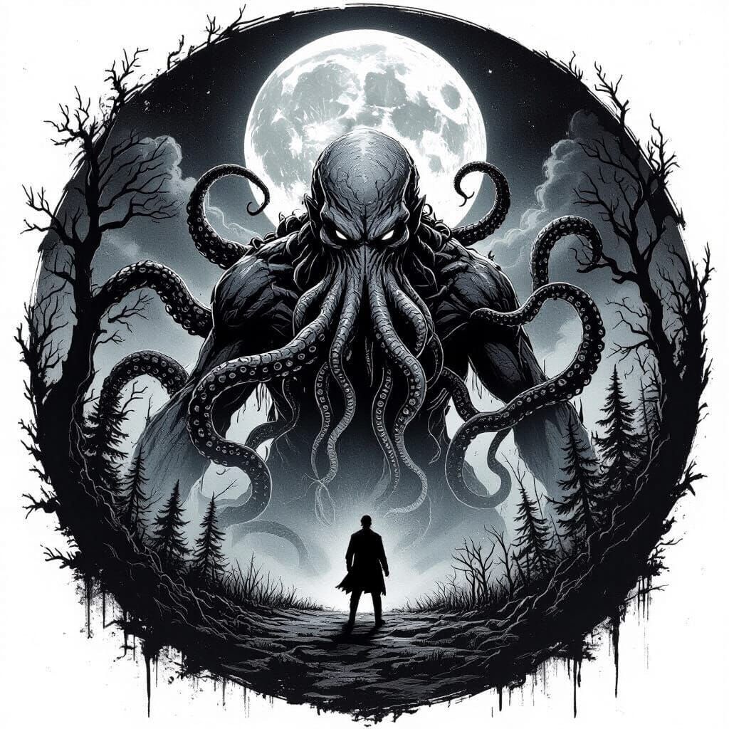 Ink Drawing of Cthulhu vs Man in Mystical Forest