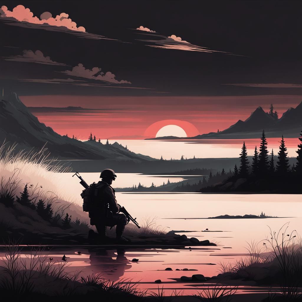 Resilient Wounded Soldier in Silhouette Landscape Style