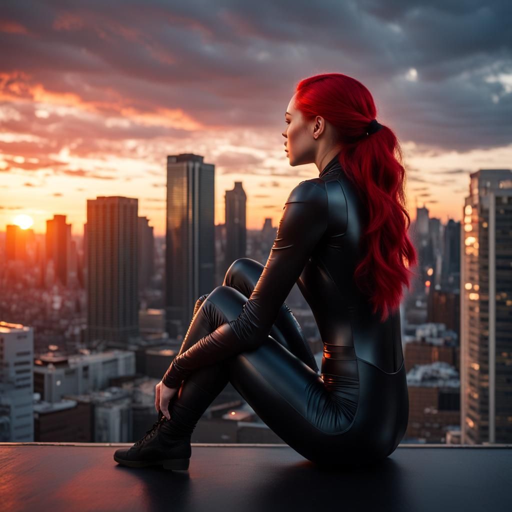 Girl in Catsuit Watches Winter Sunset