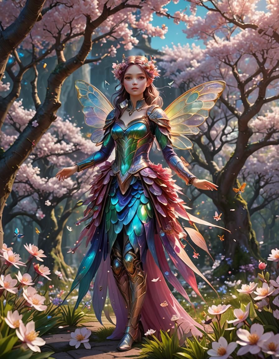 Iridescent Fairy in Spring Cherry Blossom Garden