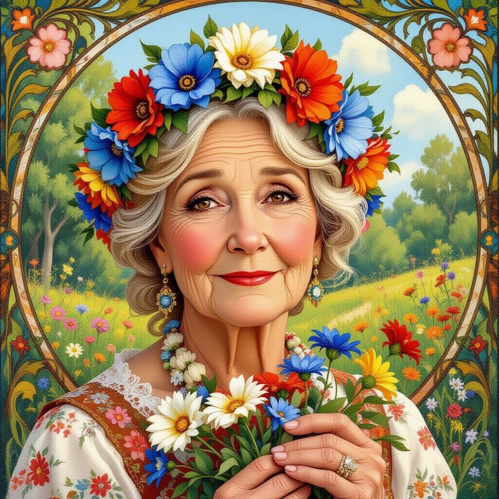 Art Nouveau Portrait of Woman with Flower Crown