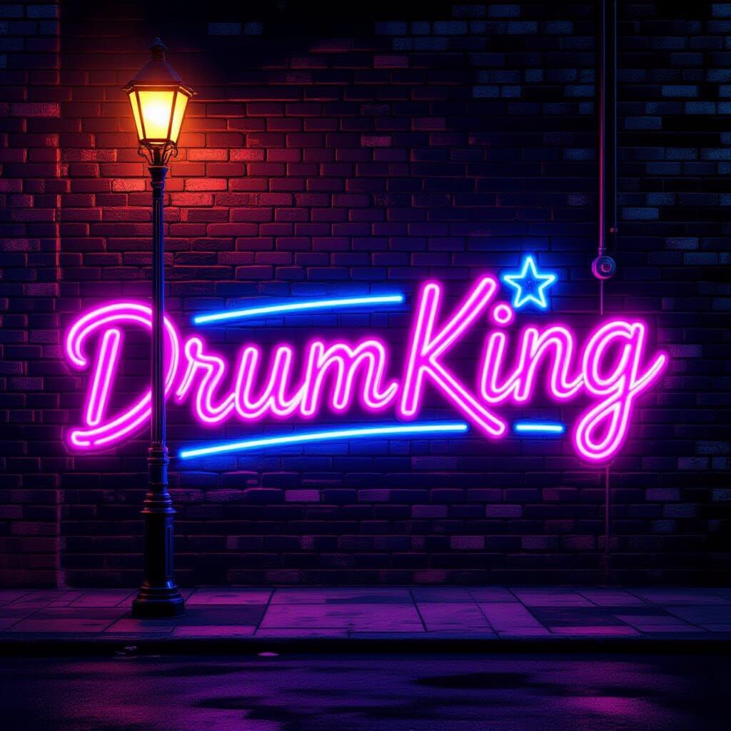 Neon DrumKing Sign in Urban Hip Hop Alley