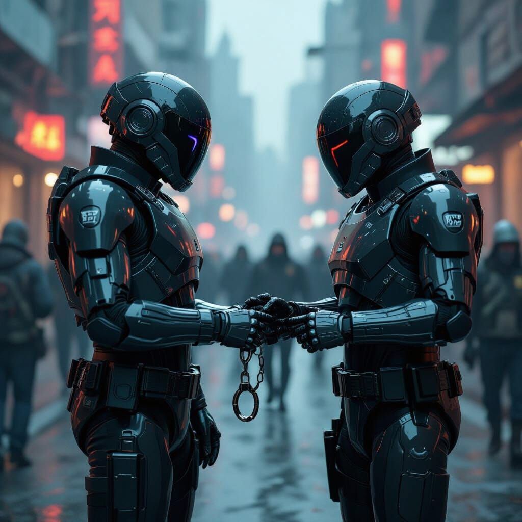Robot Police Arrest in Dystopian Cyberpunk Cityscape