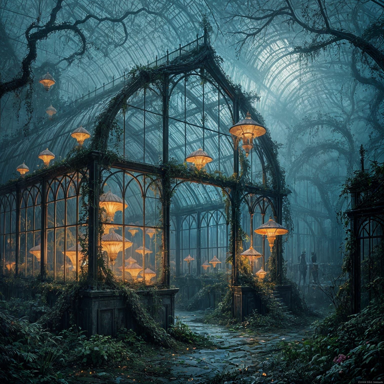 Forgotten Greenhouse: Glowing Fungi in Doré Style