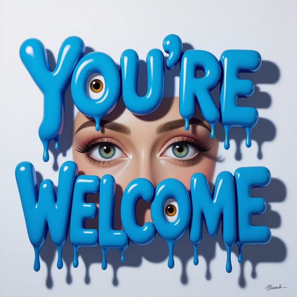 Melting Blue Letters Say You're Welcome in Surreal Style