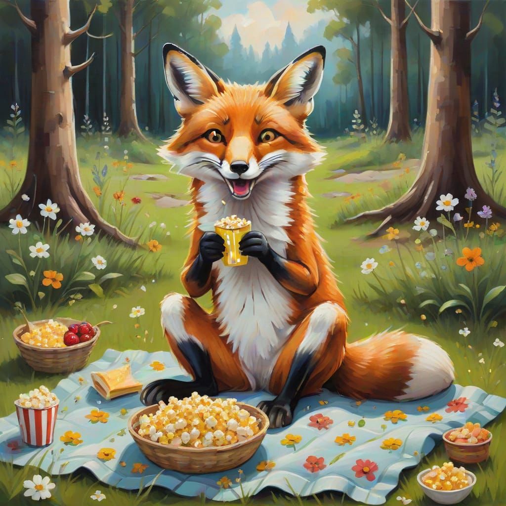 Relaxed Fox Picnicking in Forest Clearing