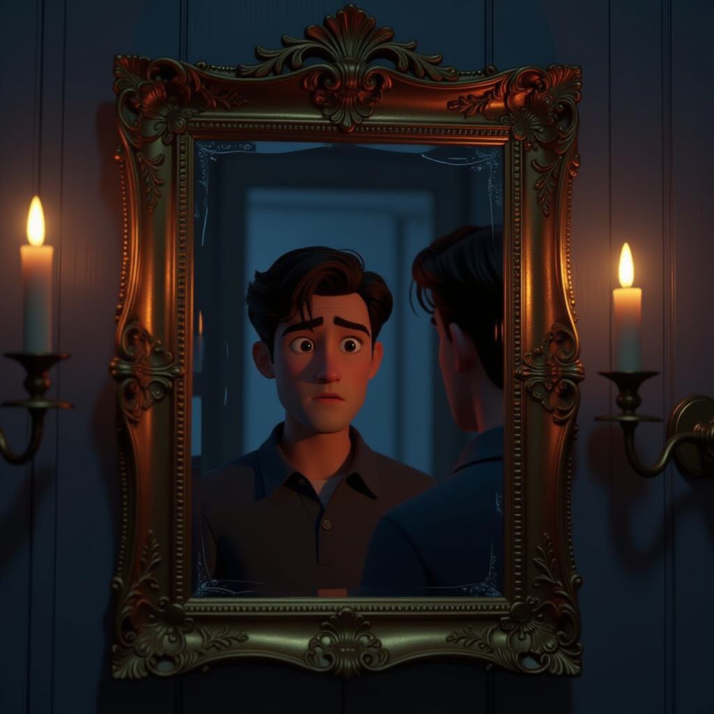 Ornate Mirror with Tense Reflection in Dim Hallway