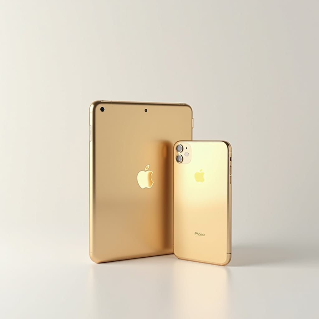 Sleek Golden iPhone and iPad on White Surface