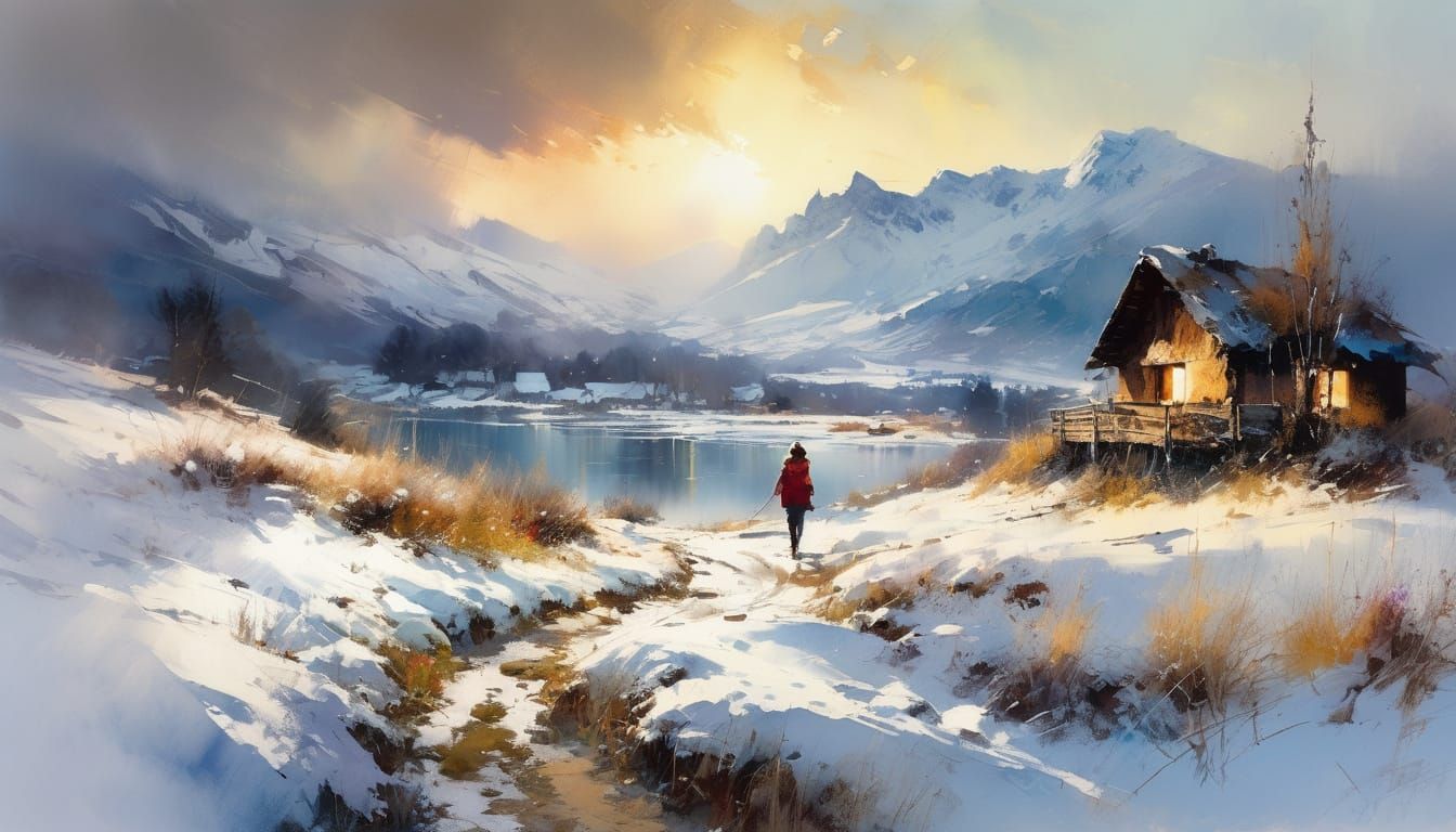 Winter Mountain Scene: Watercolor Painting