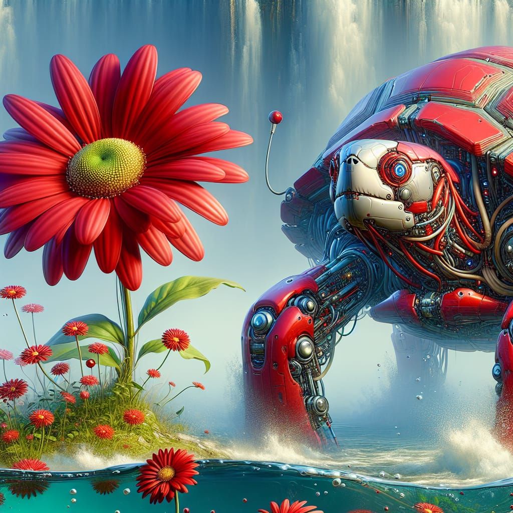 Robotic Turtle and Daisy in Fantasy Concept Art