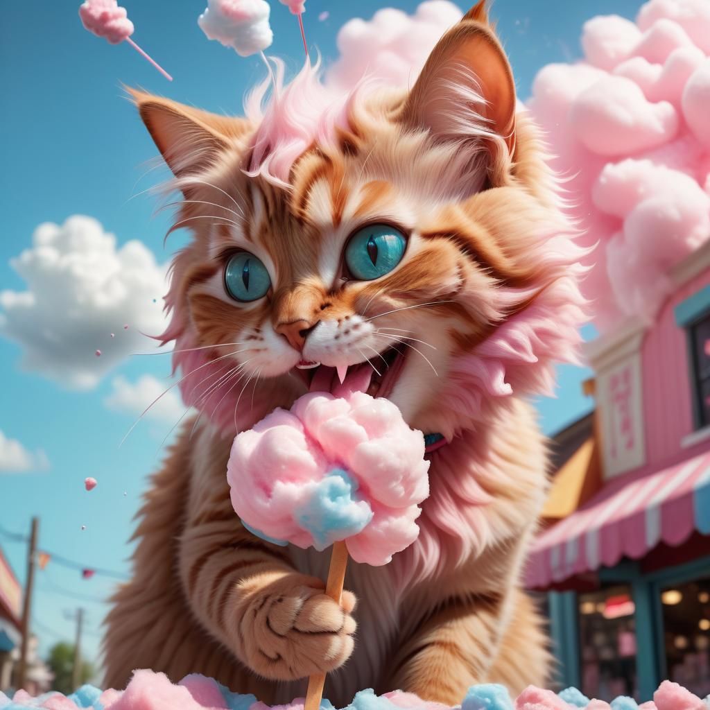 Hyperrealistic Cat Enjoys Cotton Candy in Candy Shop