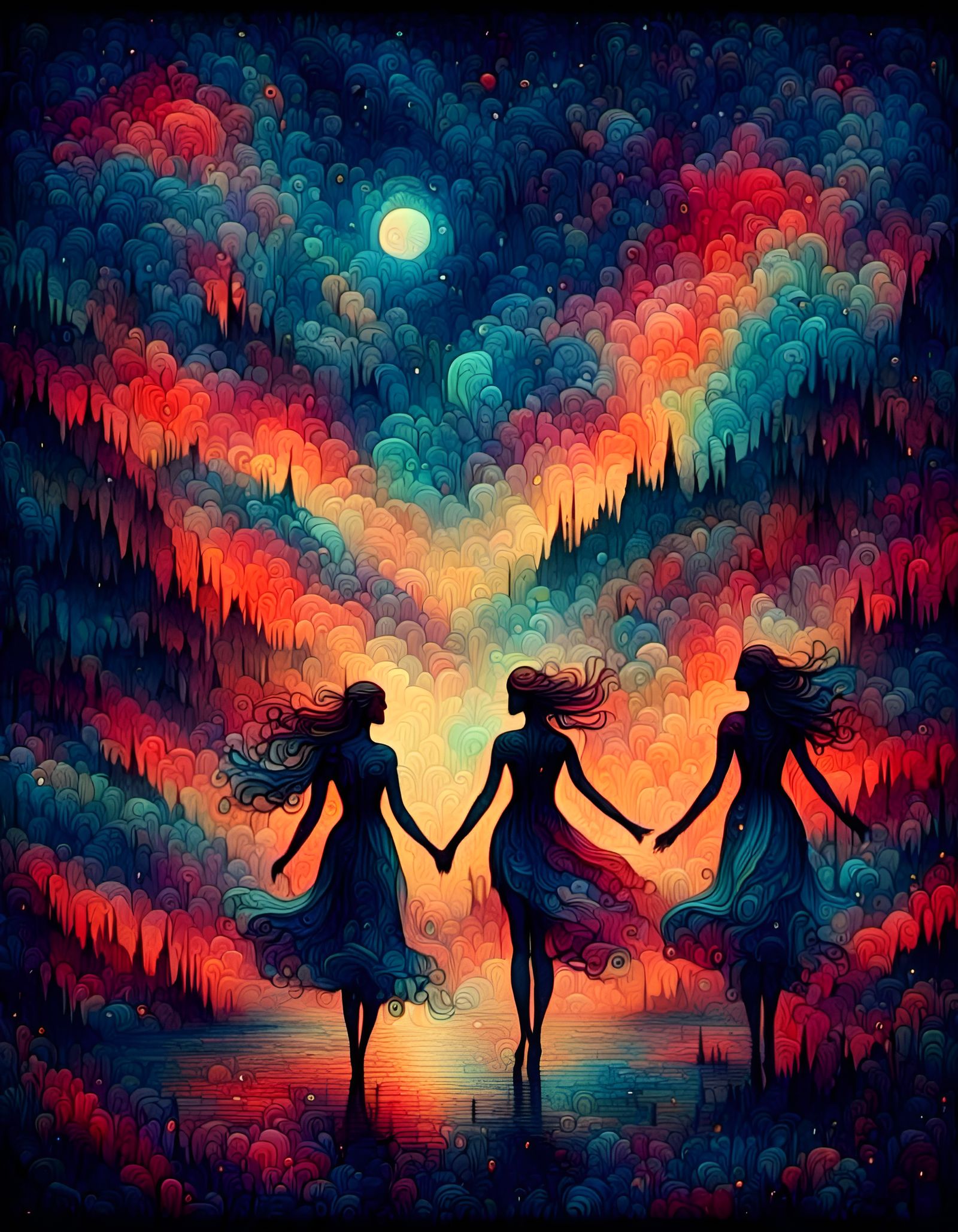 Ethereal Dancers in Misty Moonlight Swirlscape